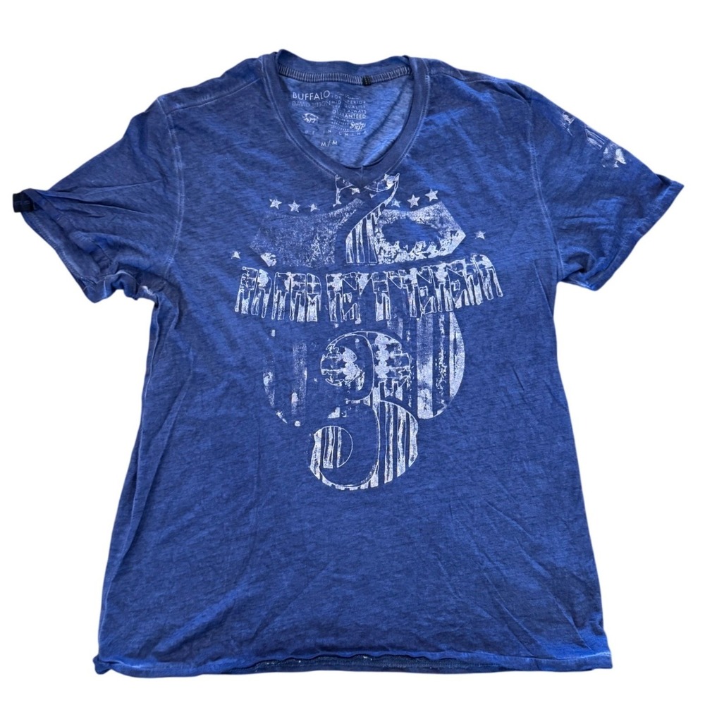 Buffalo David Bitton Mens Blue Burnout V-Neck Graphic T-Shirt Size M Distressed